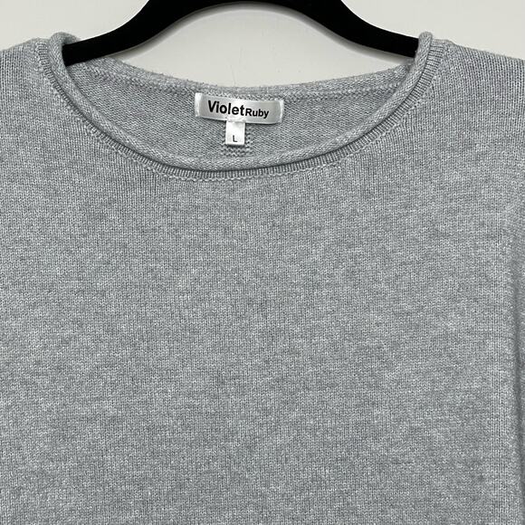 Violet Ruby Pullover Sweater Asymmetrical Hem Knitted Back Slit Crewneck Gray L - Picture 3 of 10